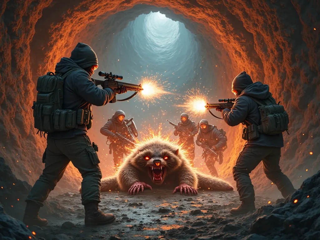 A high-intensity, post-apocalyptic digital painting of a chaotic battle inside a dimly-lit cavern corridor. Leo is firing his ri...