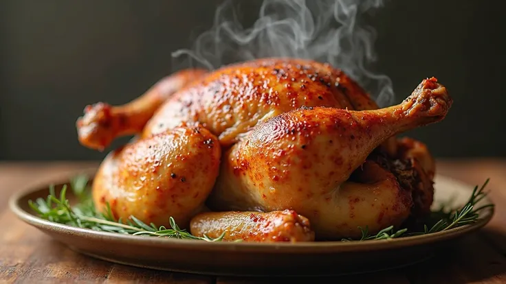 Prompt: Whole roasted chicken, golden brown and crispy skin, with steam rising. Appetizing close-up shot. Keywords: roasted chic...