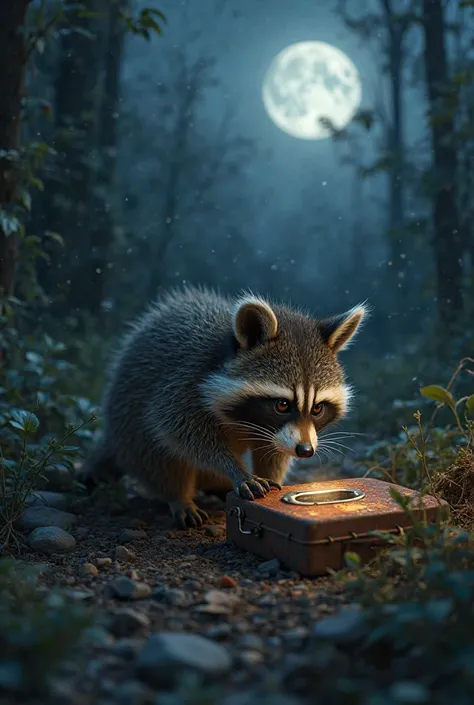 Racoon piking into a half burried rusted metal lunchbox under moon light