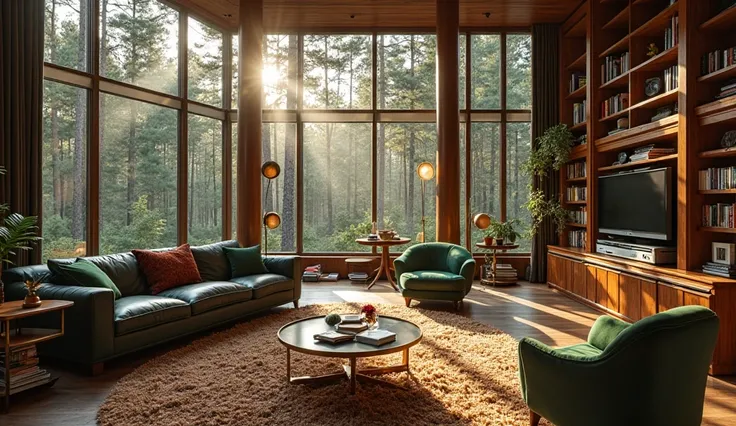 Ultra-detailed 1980s luxury living room inside a secluded forest mansion, floor-to-ceiling windows overlooking pine trees, warm ...