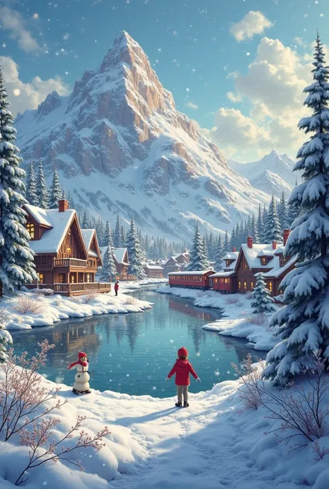 small town inside giant snowflakes . the earth is gently swirling , of glitter and small , sparkling crystals swirl around...
