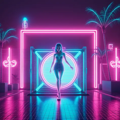 vaporwave, Cyberpunk girl dancing while appearing and disappearing like a ghost, glitch effects, world of extreme colors, a CRT ...