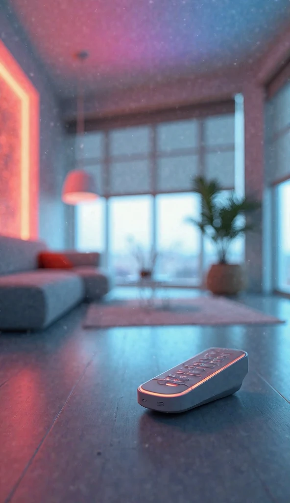 Close-up of a remote changing rainbow lights vs blackout shades auto-closing — tech meets comfort