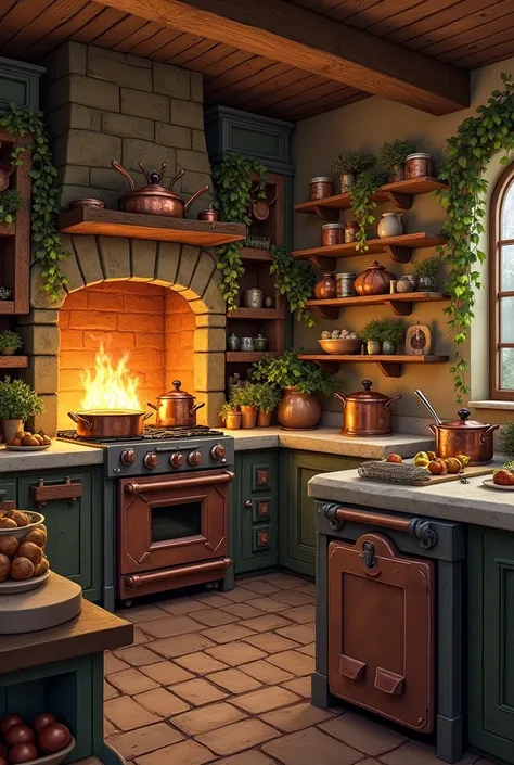 Cozy magical kitchen with copper pots stirring themselves, a fireplace oven where flames dance like birds, and a fridge that win...