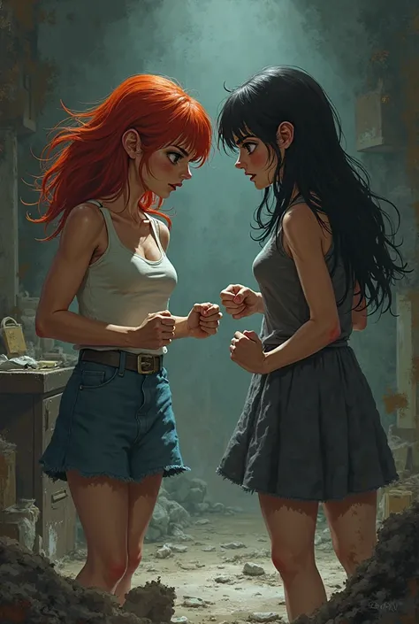 A red-haired girl and her black-haired sister are fighting