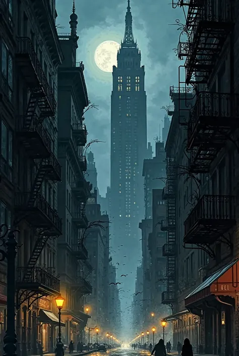 Create an illustration about a night in New York landscape. Like a gothic comic book