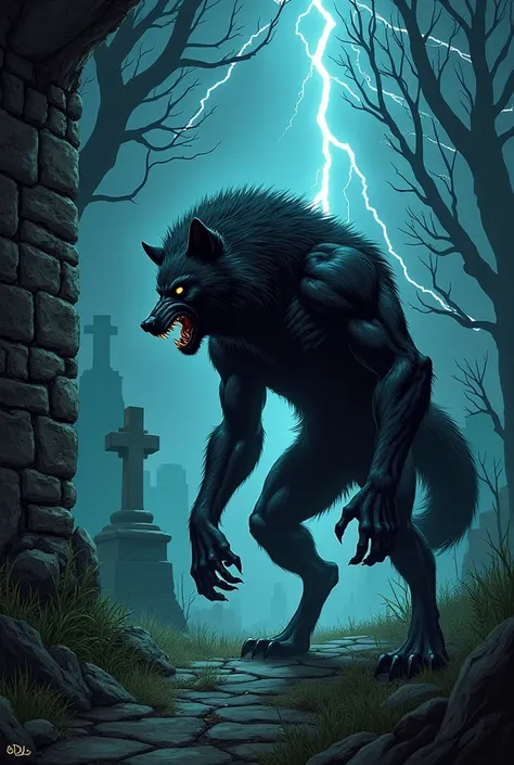 "A dramatic scene depicting a werewolf in mid-transformation, half-human, half-beast, with fur bristling and muscles tensed, ami...