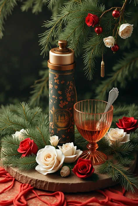 This same image, but completely surrounded by juniper and several white roses and the odd red one.