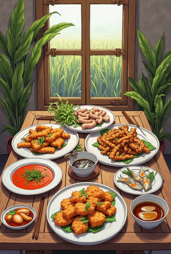 "A modern, detailed illustration of a Mekong Delta restaurant table showcasing cá ét mọi dishes. Plates of crispy fried cá ét mọ...