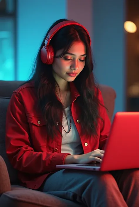 A realistic image of an Indian girl sitting on a chair, blogging on her laptop. She is wearing red headphones and a red jacket, ...