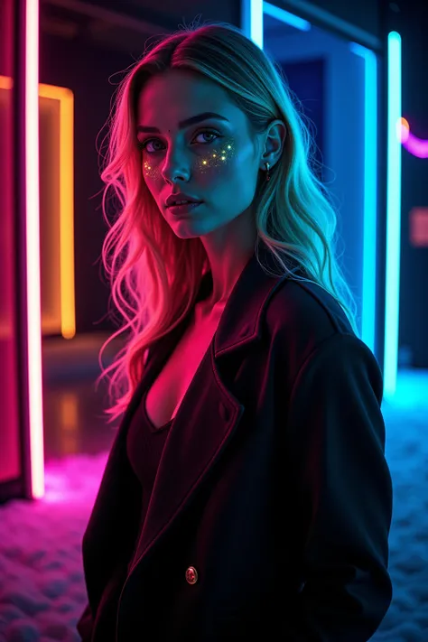 A beautiful woman in a club. Blonde hair. Glowing neon lights highlight her figure and her eyes