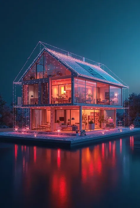 [Dynamic graphics appear, showing a house in cross section with red luminous dots pulsing at different locations] high quality, ...