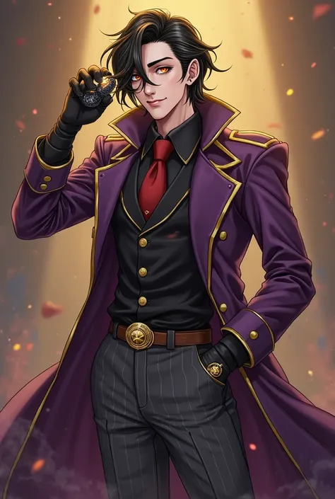 In a MHA style.
A stylish young man in his late s with a sharp, expressive face and confident smirk. He has medium-length wavy b...