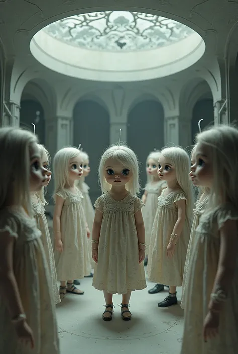 A circular room. All versions of the doll
