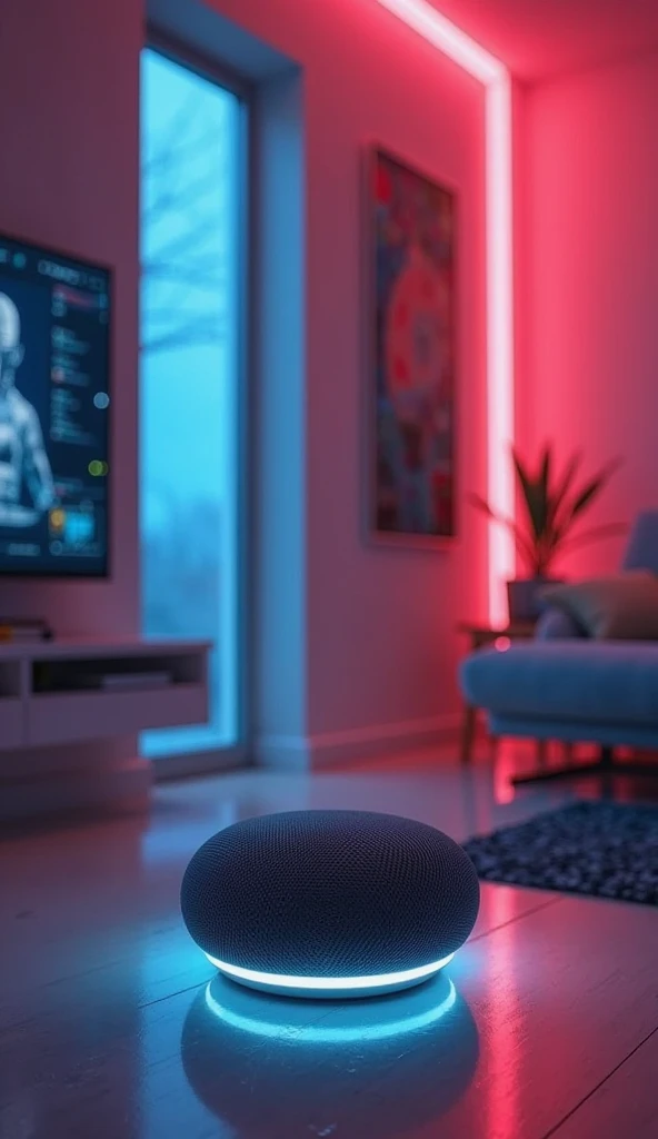 "A futuristic smart home with a sleek, faceless AI smart speaker glowing in soft neon lights."
Explanation:
The smart home sho...