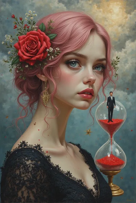 Highly detailed acrylic and chalk, work of emotional fantasy art with an impressive woman with a hair fluid and deep pink adorne...