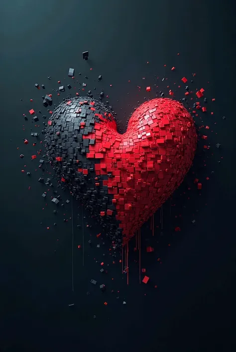 "Dramatic book cover with a pixelated heart, partially broken and under construction. Ao redor, floating code fragments and digi...