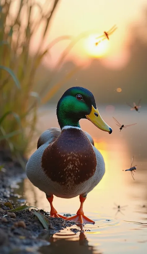 A bright, cheerful mallard duck standing near the edge of a calm pond at sunrise. Its glossy green head glistens with morning de...