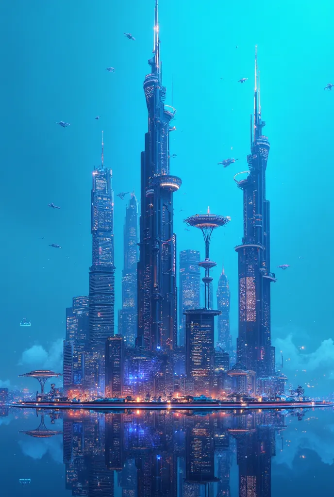 Create a blue background as a city of the future, the size of a picture 1000×1000