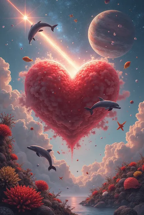 A majestic red heart floats in space among soft, cloud-like nebulae, surrounded by dolphins, colorful fish, shells, and corals, ...