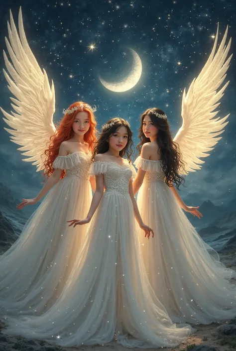 Make three girls, one with red hair and fair skin, the other with black hair and fair skin, and the other with black hair and br...