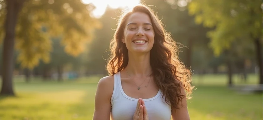 A welcoming and inspiring image of a woman smiling while stretching or meditating outdoors, with a calm and serene background — ...