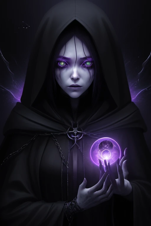 Lazympos, 1girl, black void robes, floating grimoire, glowing purple cracks, hooded, starless sky, black hole backdrop, eldritch...