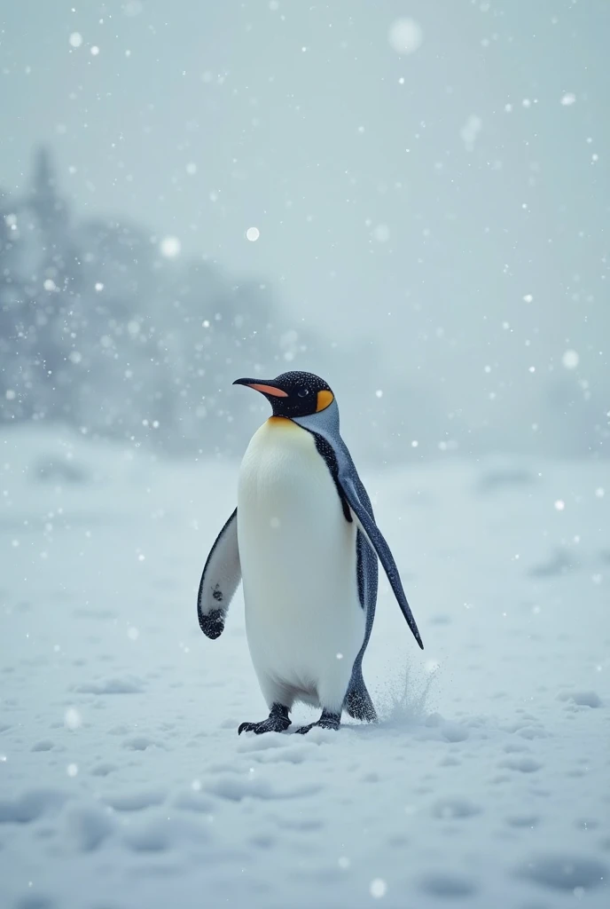 A penguin walking alone in a blizzard, looking hopeful and determined. Snow and wind swirl around it. Emotional, heartwarming, l...