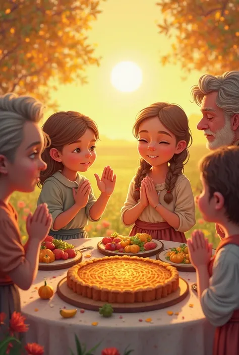 Europeans both ren and adults are praying over vegetarian foods such as fruit and pumpkin pie, in the bright and sparkling sunse...
