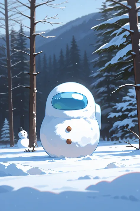 Similar image, but no helmet. The boy is making an among us snowman.