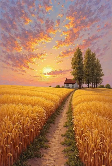 A golden wheat field under the warm, glowing hues of a setting sun, painted in the style of Monet. The sky is filled with swirls...