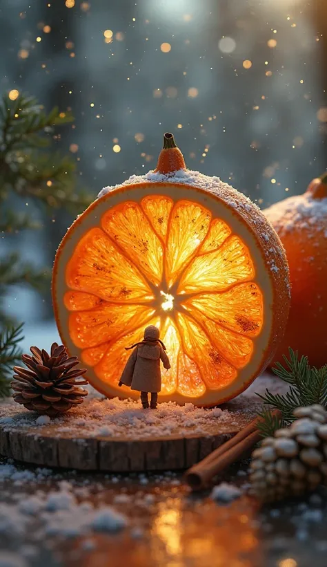 high definition double exposure vibrant colors poster on the macro filigree tangerine slice placed on the wooden table surf...