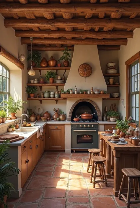 Kitchen and dining room: ample space, with clay oven, stone countertop, copper pots and a large counter where the family usually...