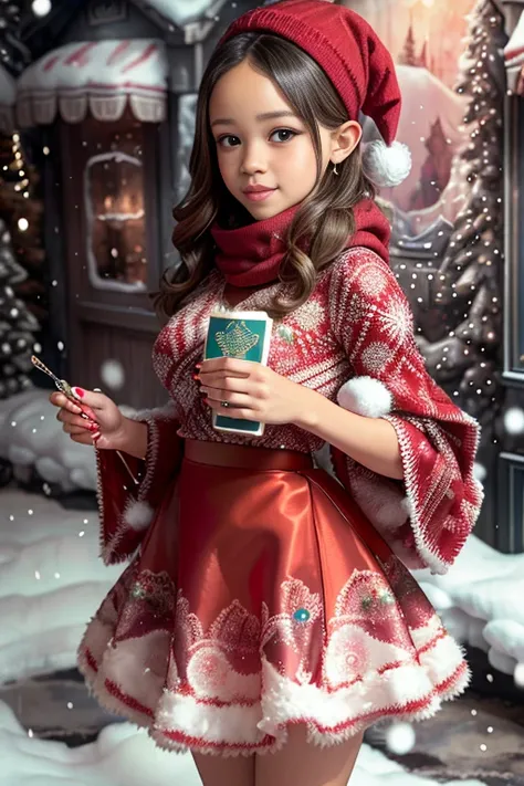 ((Jenna Ortega)), (masterpiece), (piece of art), (award winning picture), in a colorful christmas skirt holding a christmas cak...