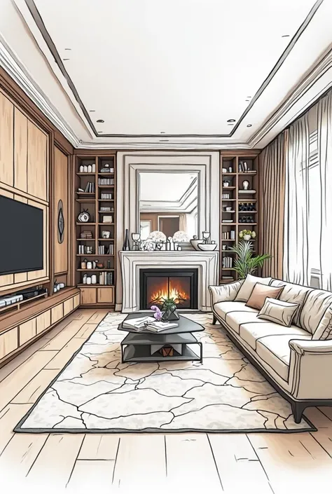 Please make me a design of a luxurious modern living room only in a line as a sketch look so that I can see the whole room where...