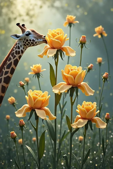 Giraffes and yellow roses
