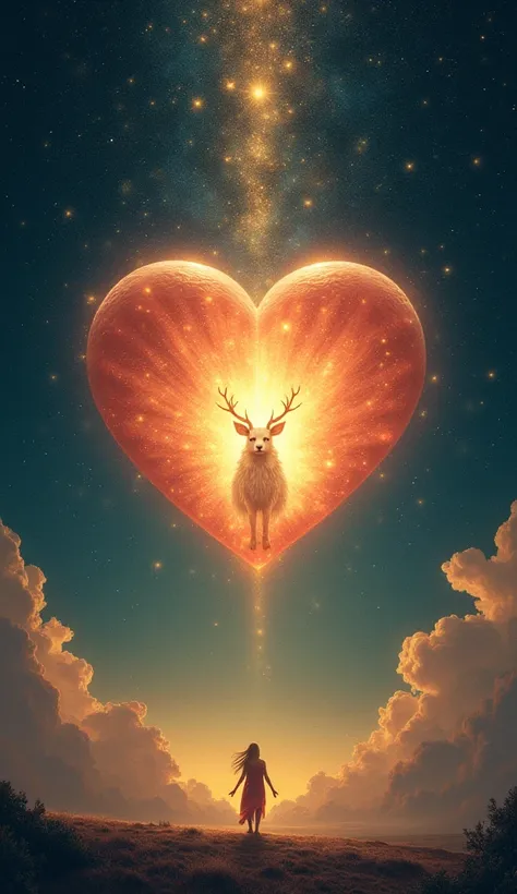 A dark sky, golden stars and a big heart with an animal inside.