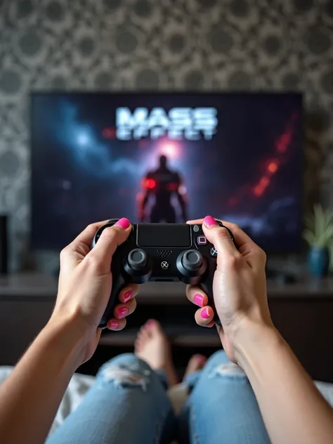 first person view will smile. Young naked Women's hands with pink manicure hold Sony Playstation 4 gamepad. Slim women's legs in...