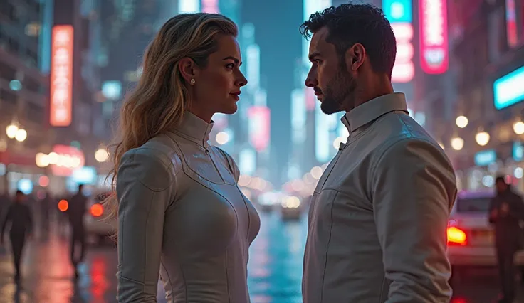 Ingrid Bergman in a white futuristic bodysuit, holding a gun to another spy, intense eye contact, glowing Paris skyline in the b...