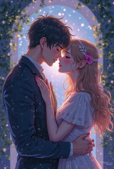 Anime girl kissing a man