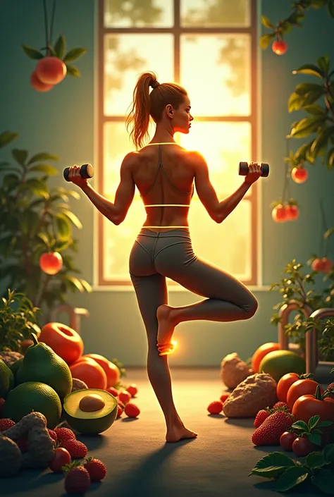 motivational poster-style artwork celebrating a healthy lifestyle and body transformation:
1. **Foreground**:
- A toned f...