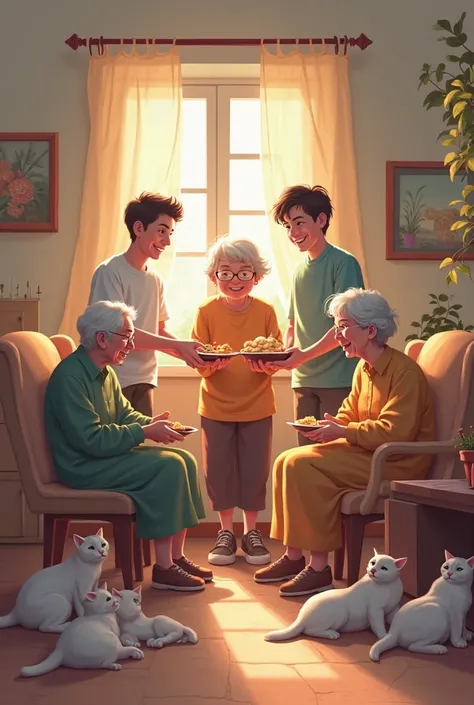 A heartwarming digital illustration showing three young men and a woman visiting an elderly women's care home. They are joyfully...