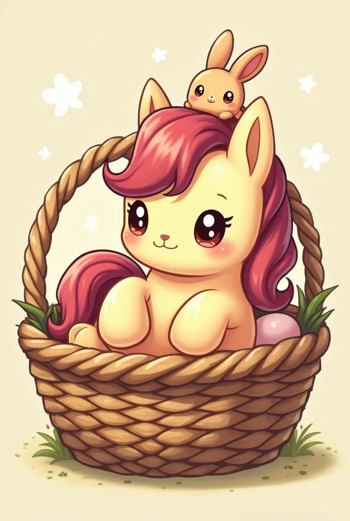 chibi pony sitting in the egg basket, , the back hooves are placed to the sides, , the front rims are pressed to the chest, on ...