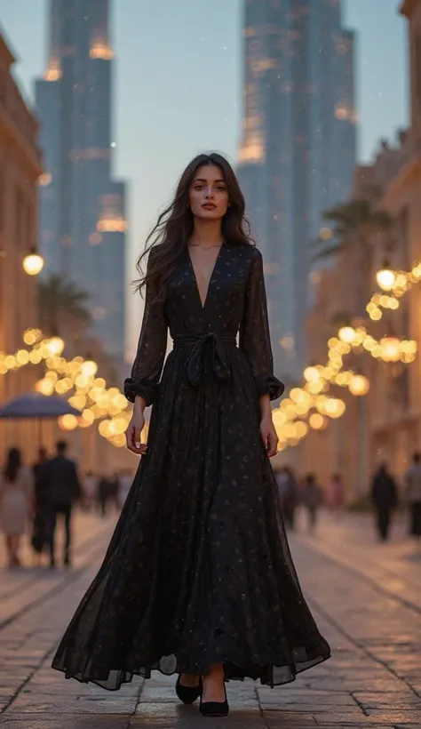 Front view beautiful european young woman dark hair elegant arabic simple black conservative white dress walks in Dubai Burj kh...