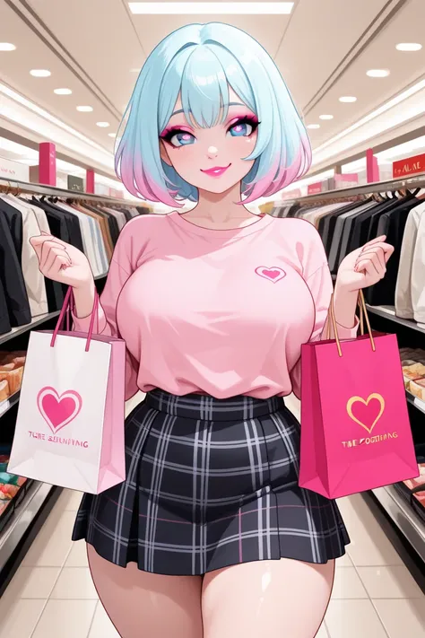 (labios gruesos: 0.8), Alone, pink makeup, eyeliner, pink lipstick, light blue hair with pastel pink highlights, light blue ey...