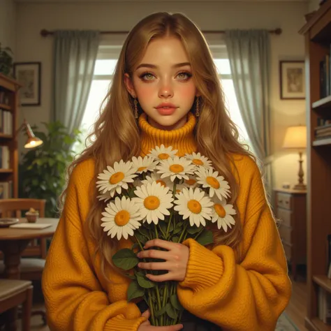 Young girl 26 years old, long honey-colored hair, big beautiful green eyes, sunny smile. Holds a huge bouquet of daisies. Profes...
