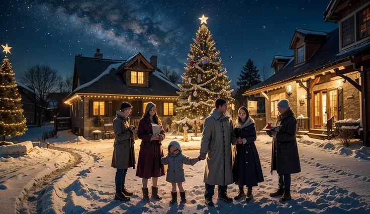 A serene snow-covered village under a starry night sky, with a glowing Christmas tree adorned with silver ornaments and twinklin...