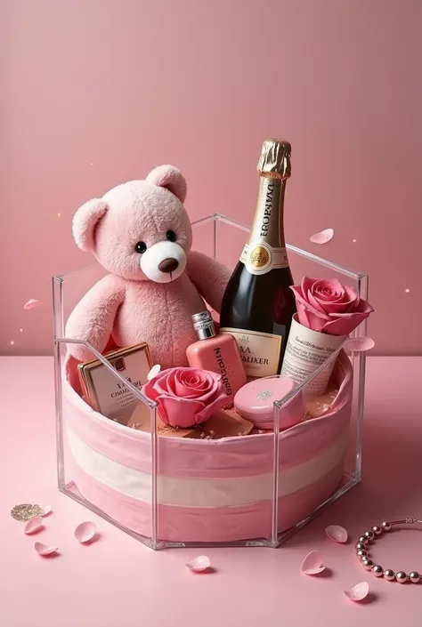 Mothersday giftbox. The box is transparant like a cake box and inside the box are chocolates, 1 perfume, 1 stuffy toy, 3 roses, ...