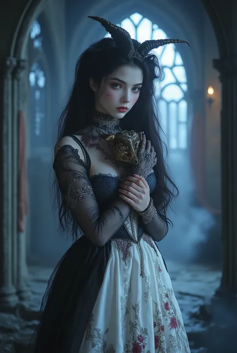 18-year-old girl, fully clothed, innocent but mysterious and dangerous, youthful appearance, long straight black hair, sky blue ...