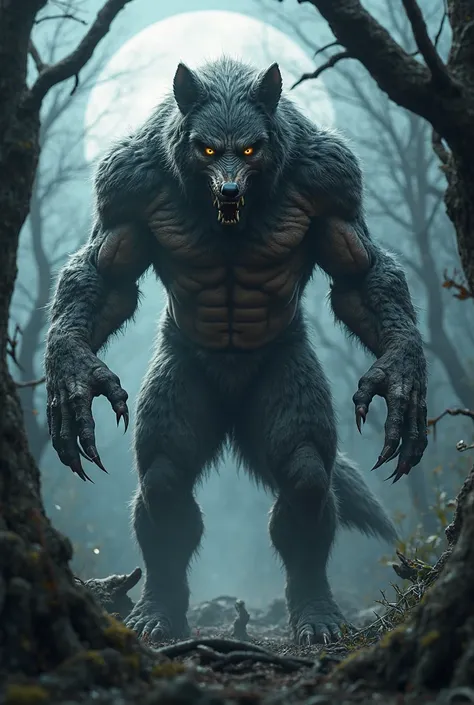 A werewolf with highly exaggerated features in realistic 3d art. full body and bottomless 